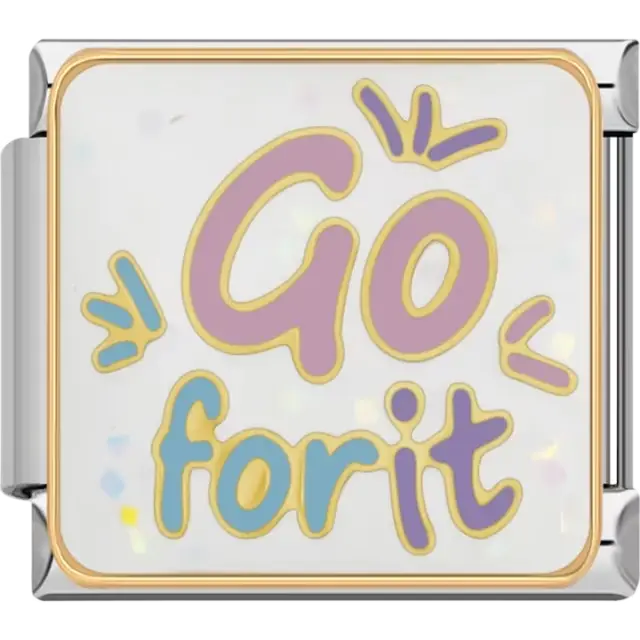 Purple and blue "Go For It" text with yellow highlights Italian charm bracelet link