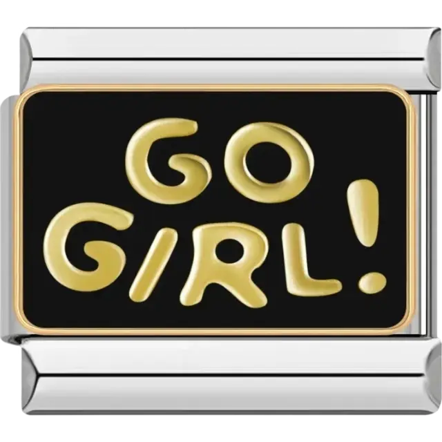Black charm with gold “Go Girl!” text Italian charm bracelet link