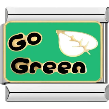 Green background with “Go Green” text and a white leaf Italian charm bracelet link