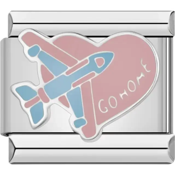 Light blue airplane over a pink heart with "Go Home" text Italian charm bracelet link