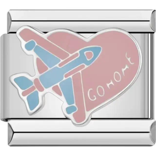 Light blue airplane over a pink heart with "Go Home" text Italian charm bracelet link
