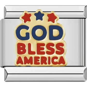 Gold charm with "God Bless America" text and red, white, and blue stars Italian charm bracelet link