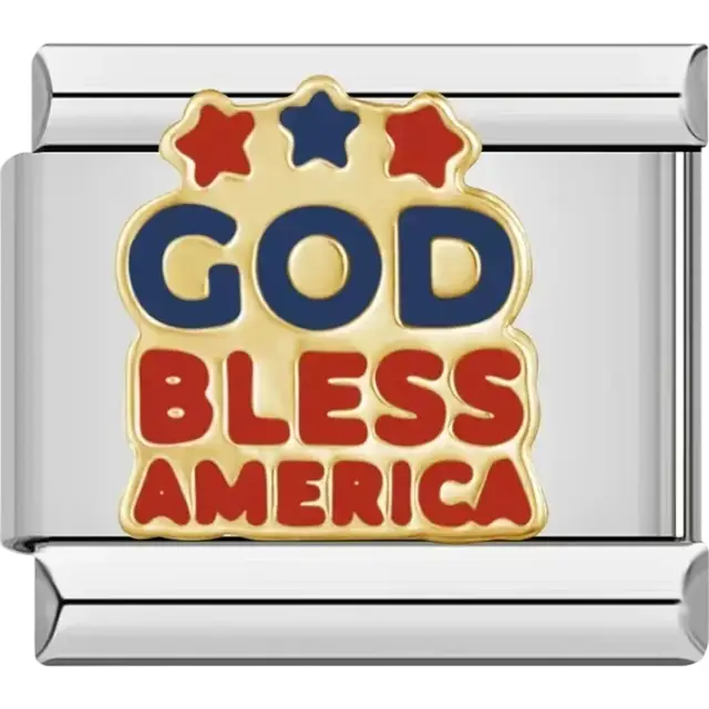 Gold charm with "God Bless America" text and red, white, and blue stars Italian charm bracelet link