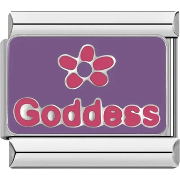 Purple background with a pink flower and the word "Goddess" in bold pink letters Italian charm bracelet link