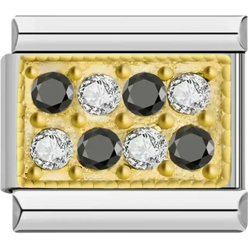 Gold rectangular charm adorned with four black and four clear crystals Italian charm bracelet link