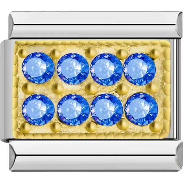 Gold rectangular charm featuring eight brilliant blue crystals Italian charm bracelet link