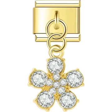 Gold dangling flower-shaped charm with five large crystal petals and smaller crystals in the center Italian charm bracelet link