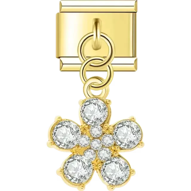 Gold dangling flower-shaped charm with five large crystal petals and smaller crystals in the center Italian charm bracelet link