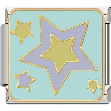 Teal background with overlapping gold and lavender stars Italian charm bracelet link