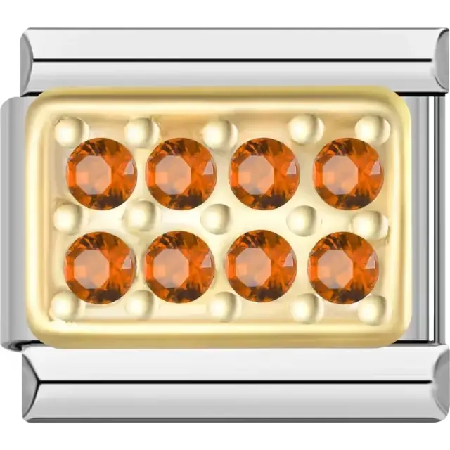 Gold rectangular charm featuring eight vibrant orange crystals Italian charm bracelet link