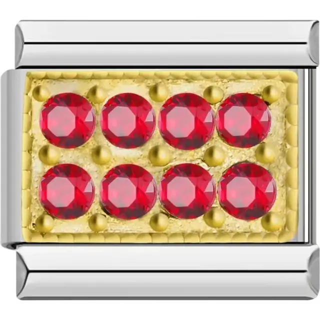 Gold rectangular charm featuring eight dazzling red crystals Italian charm bracelet link