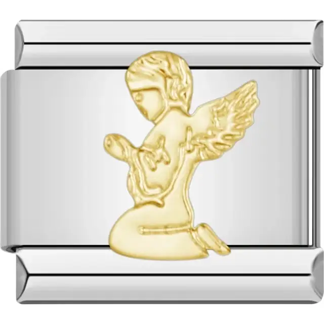 Gold kneeling angel holding a baby with detailed wings design Italian charm bracelet link