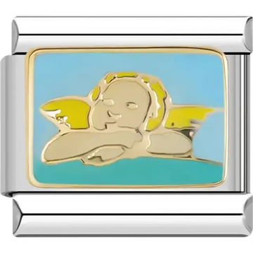 Gold angel design resting on arms with a blue background Italian charm bracelet link