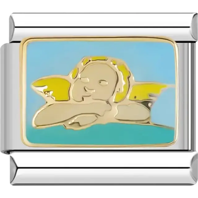 Gold angel design resting on arms with a blue background Italian charm bracelet link