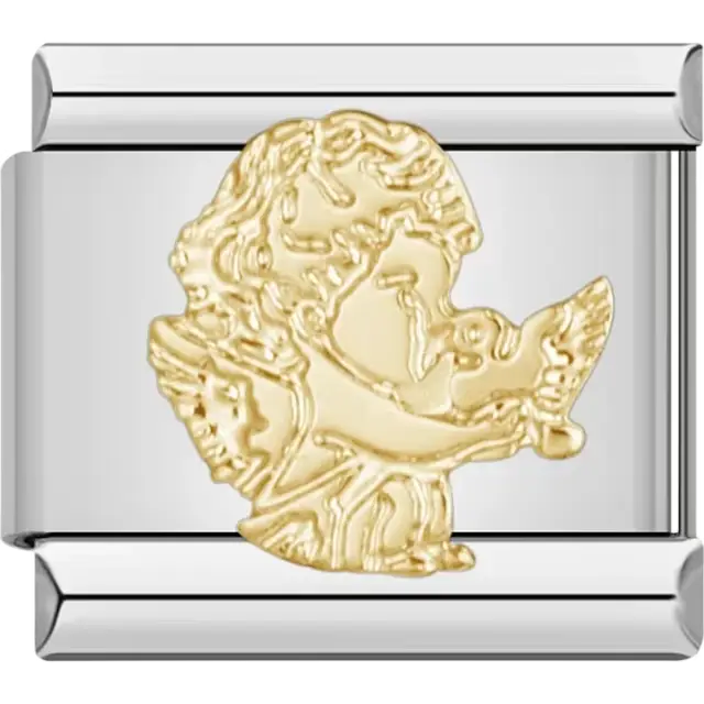 Gold angel holding a dove with intricate wing details Italian charm bracelet link