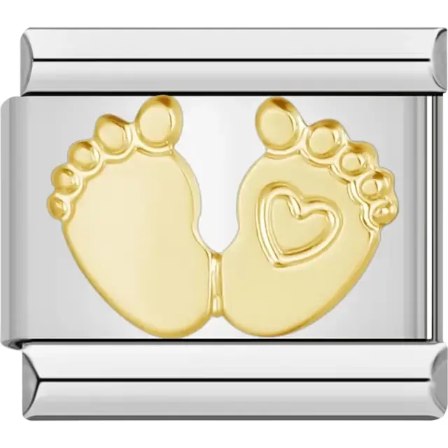 Gold baby footprints with a heart accent Italian charm bracelet link