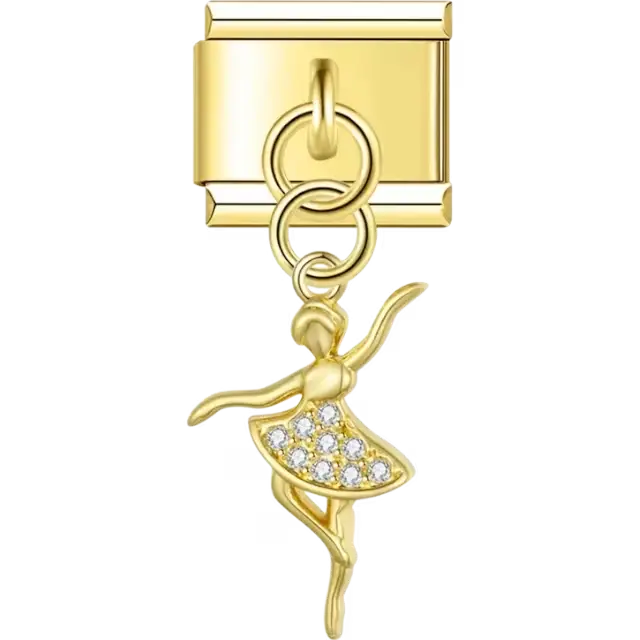 Gold ballerina with crystal-embellished tutu and graceful pose design Italian charm bracelet link