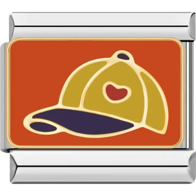 Gold-outlined baseball cap with a red heart detail on an orange background Italian charm bracelet link