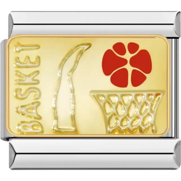 Gold charm featuring a basketball, hoop, and the word "Basket" Italian charm bracelet link