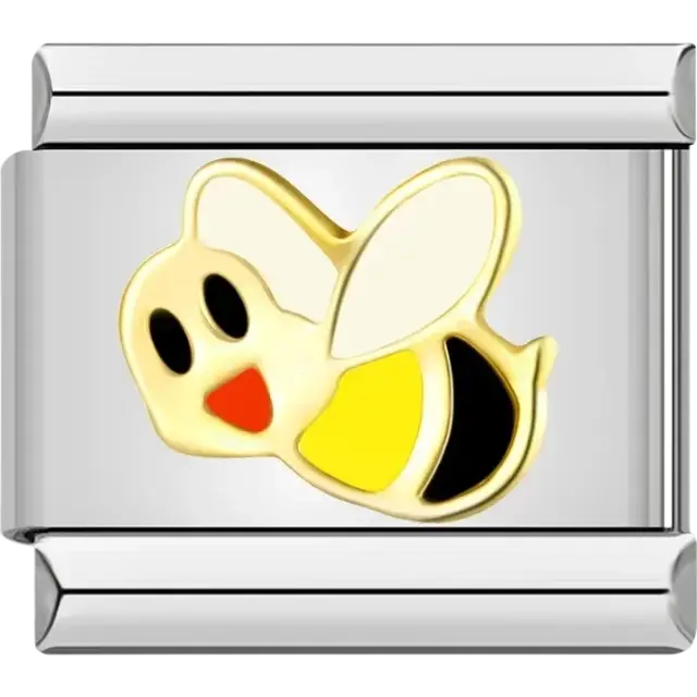 Gold bee with yellow and black stripes, white wings, and red detail Italian charm bracelet link