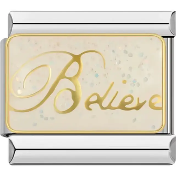 Gold Believe design on a sparkling cream background Italian charm bracelet link