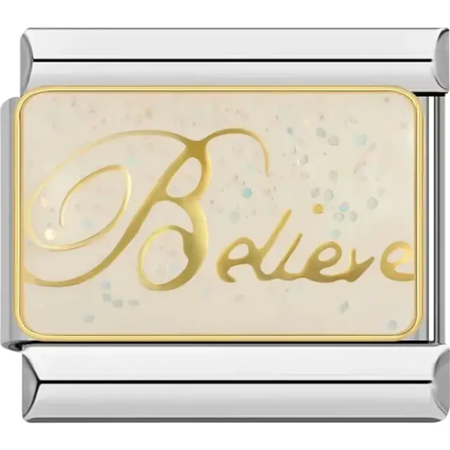 Gold Believe design on a sparkling cream background Italian charm bracelet link