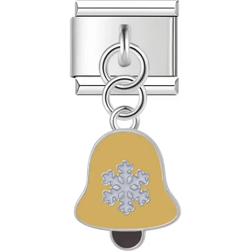 Gold bell with white snowflake design and black clapper on dangle Italian charm bracelet link