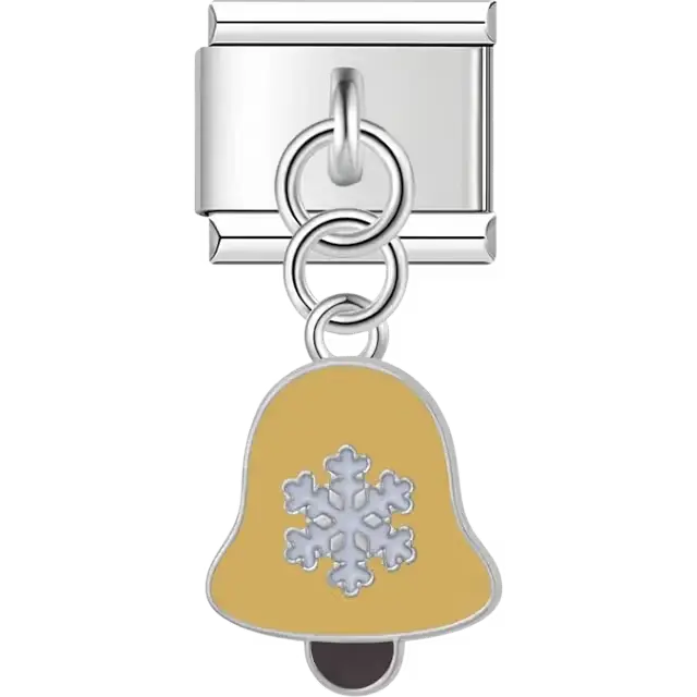 Gold bell with white snowflake design and black clapper on dangle Italian charm bracelet link