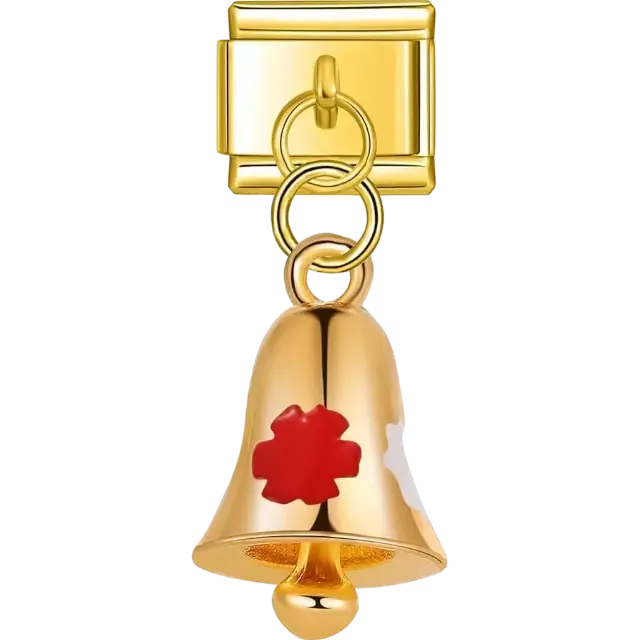 Gold bell with red and white accents dangle design Italian charm bracelet link