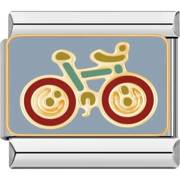 Gold-outlined bicycle with red wheels and green accents on a blue background Italian charm bracelet link