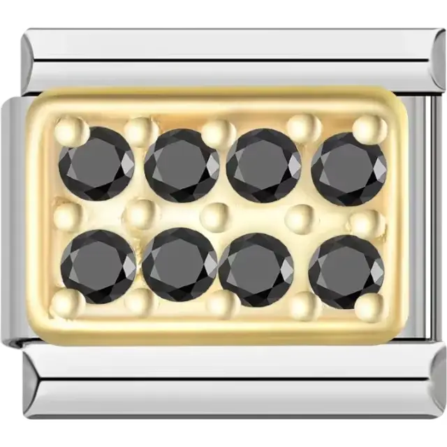 Gold rectangular charm featuring eight black crystals Italian charm bracelet link