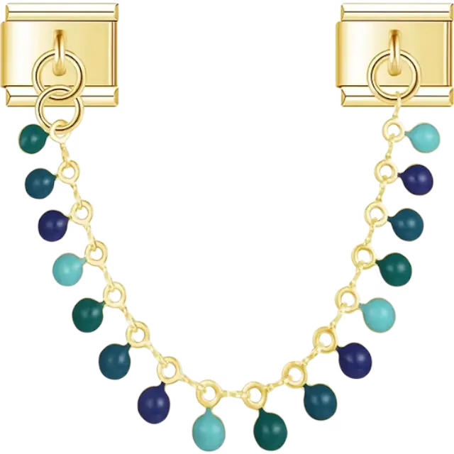 Gold safety chain with blue and green beads Italian charm bracelet link