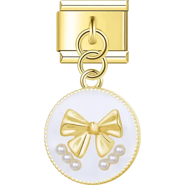 Round gold trim charm with raised bow and white pearl accents Italian charm bracelet link