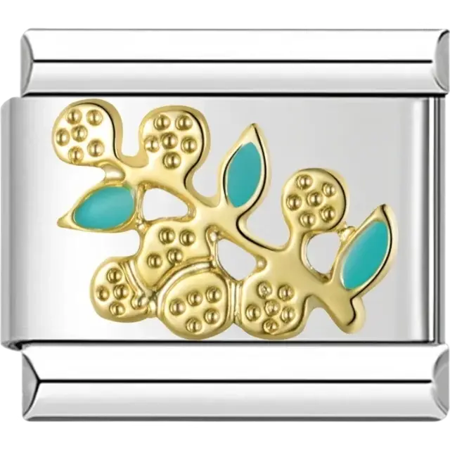 Gold branch with teal leaves Italian charm bracelet link