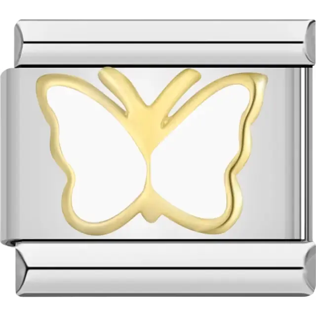 Gold butterfly outline with a white center Italian charm bracelet link
