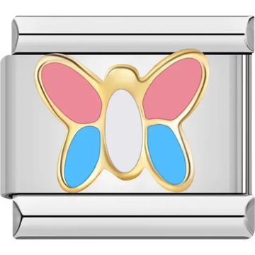 Gold butterfly with pink, blue, and white-colored wings Italian charm bracelet link