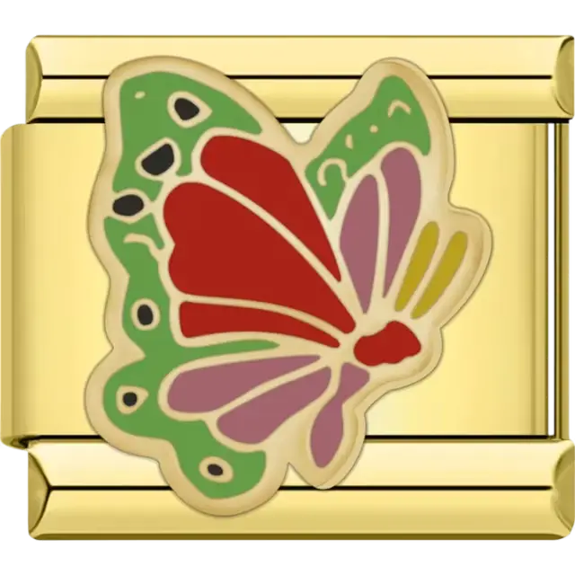 Gold butterfly featuring red, green, purple, and yellow wings with black accents Italian charm bracelet link