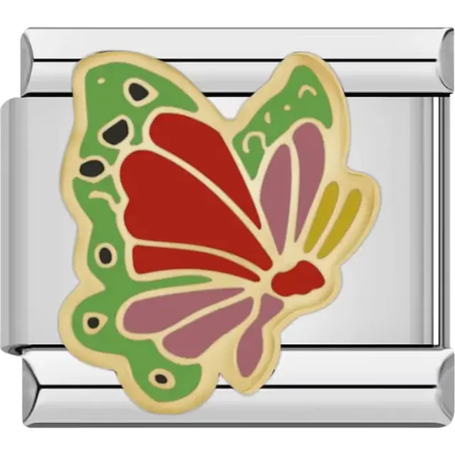 Gold butterfly featuring red, green, purple, and yellow wings with black accents Italian charm bracelet link