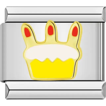 Gold cake with a yellow base white icing and red decorations Italian charm bracelet link