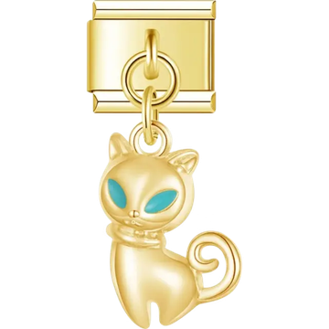 Golden cat with teal eyes dangle pendant Italian charm bracelet link