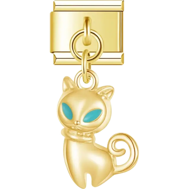 Golden cat with teal eyes dangle pendant Italian charm bracelet link