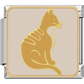 Gold cat silhouette grooming itself on a beige background Italian charm bracelet link