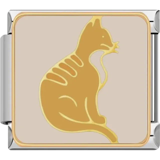 Gold cat silhouette grooming itself on a beige background Italian charm bracelet link