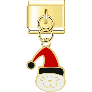 Gold cat face with a red Santa hat and black pompom Italian charm bracelet link