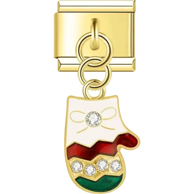 Gold mitten with red green and white sections crystal accents and a gold bow Italian charm bracelet link