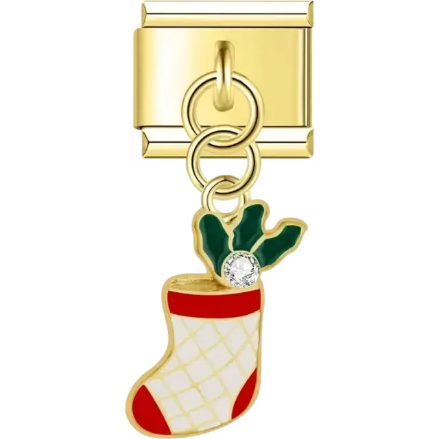Gold stocking with red and white design green holly leaves and a crystal accent Italian charm bracelet link