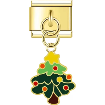 Gold Christmas tree with green branches red and yellow ornaments and a yellow star ornament Italian charm bracelet link