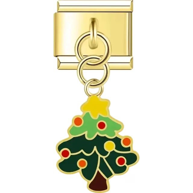 Gold Christmas tree with green branches red and yellow ornaments and a yellow star ornament Italian charm bracelet link