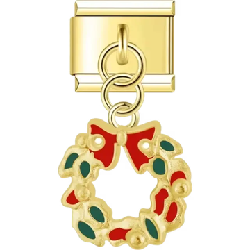 Gold Christmas wreath with a red bow green leaves and red berries Italian charm bracelet link