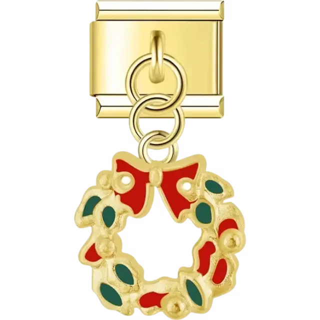 Gold Christmas wreath with a red bow green leaves and red berries Italian charm bracelet link